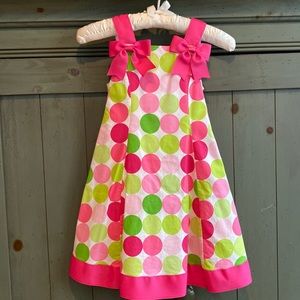 Pink and Green Polka Dot Sleeveless Dress with Pink Bows